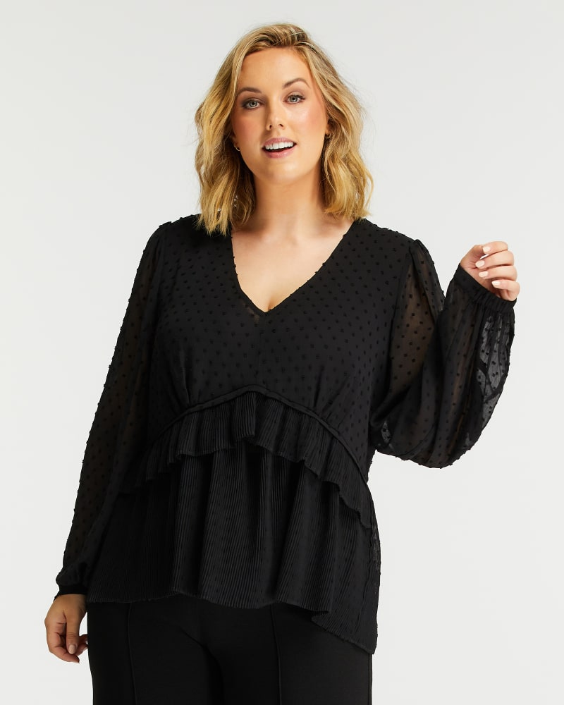Front of a model wearing a size 1X Henrietta Top in Black by Estelle. | dia_product_style_image_id:234586